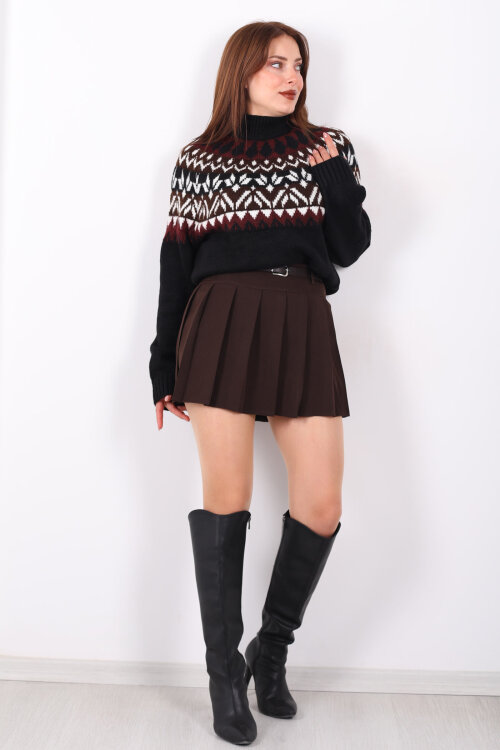 Kemerli Pile Detaylı Acı Kahve Kadın Şort Etek - 7