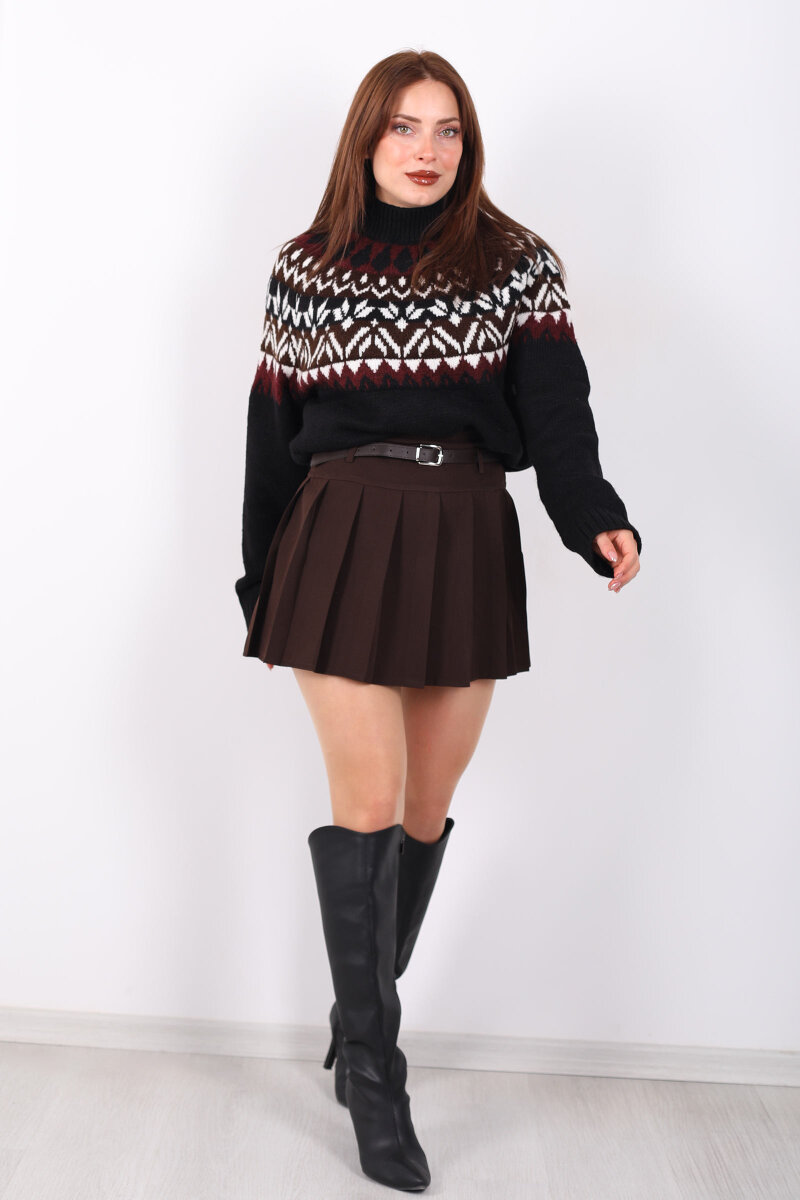 Kemerli Pile Detaylı Acı Kahve Kadın Şort Etek - 1