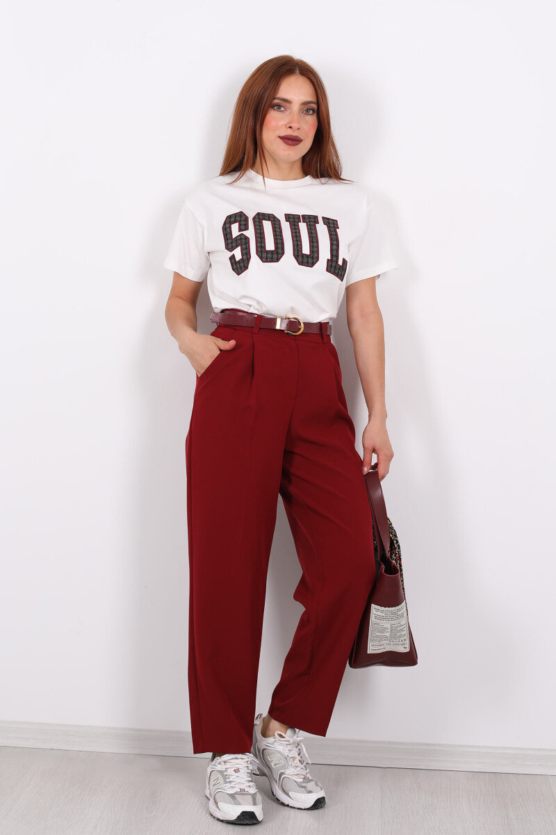 Kemerli Pile Detaylı Bordo Kadın Havuç Pantolon - 1
