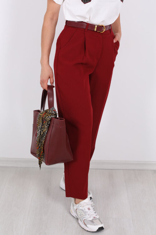 Kemerli Pile Detaylı Bordo Kadın Havuç Pantolon - Berox (1)