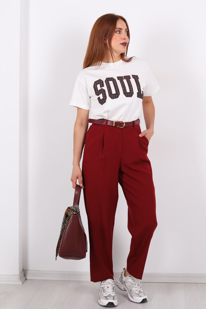 Kemerli Pile Detaylı Bordo Kadın Havuç Pantolon - 4