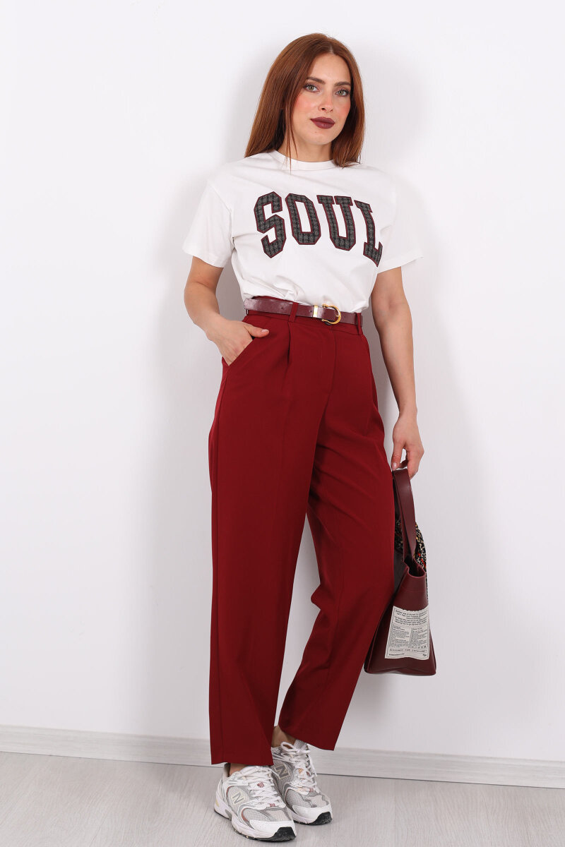 Kemerli Pile Detaylı Bordo Kadın Havuç Pantolon - 6