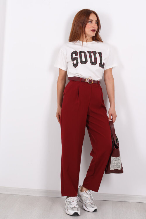 Kemerli Pile Detaylı Bordo Kadın Havuç Pantolon - 3