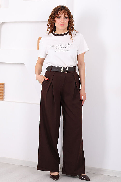 Kemerli Pile Detaylı Kahverengi Kadın Geniş Paça Pantolon - 3