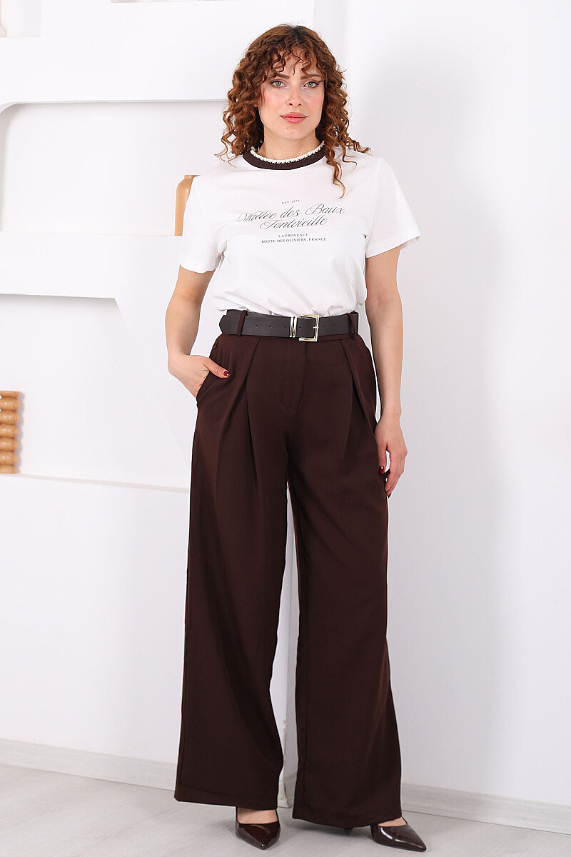 Kemerli Pile Detaylı Kahverengi Kadın Geniş Paça Pantolon - 3