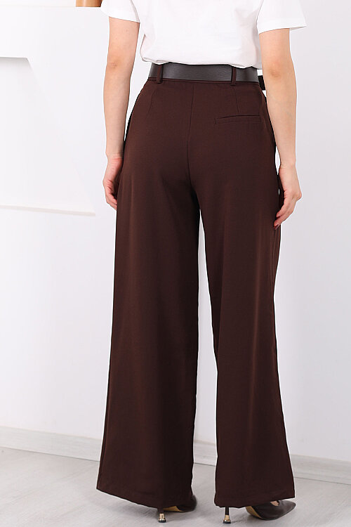 Kemerli Pile Detaylı Kahverengi Kadın Geniş Paça Pantolon - 5