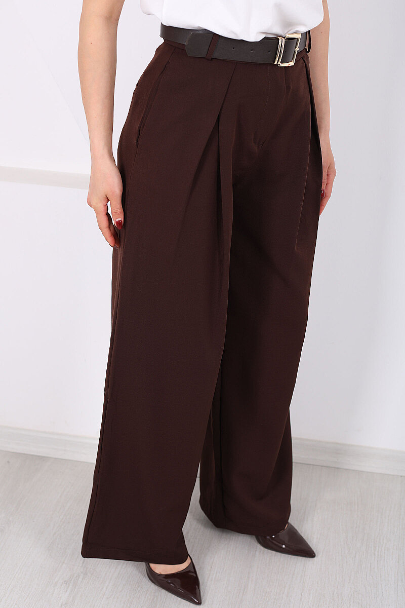 Kemerli Pile Detaylı Kahverengi Kadın Geniş Paça Pantolon - 2