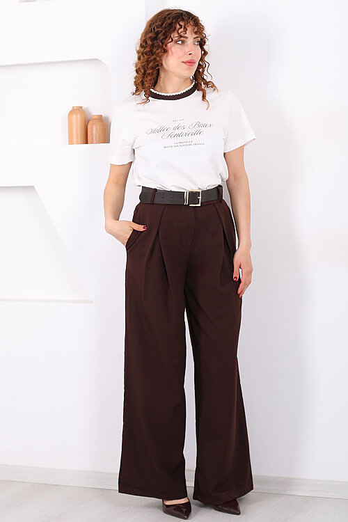 Kemerli Pile Detaylı Kahverengi Kadın Geniş Paça Pantolon - 6