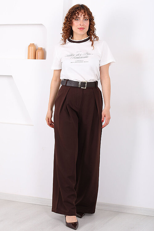 Kemerli Pile Detaylı Kahverengi Kadın Geniş Paça Pantolon - 4