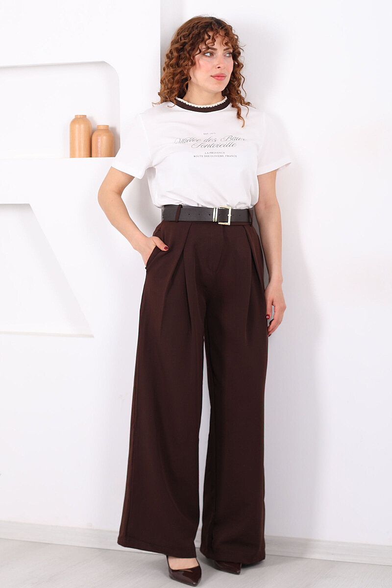 Kemerli Pile Detaylı Kahverengi Kadın Geniş Paça Pantolon - 1