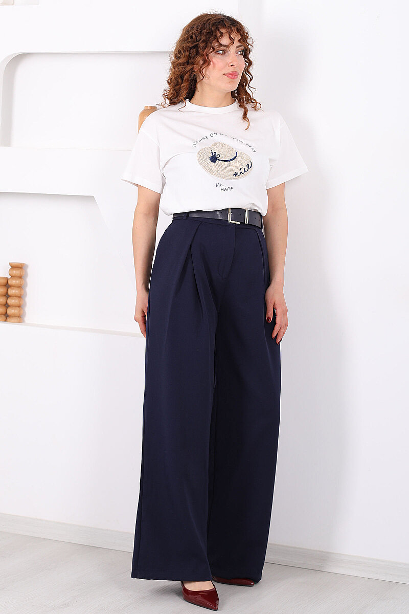 Kemerli Pile Detaylı Lacivert Kadın Geniş Paça Pantolon - 3