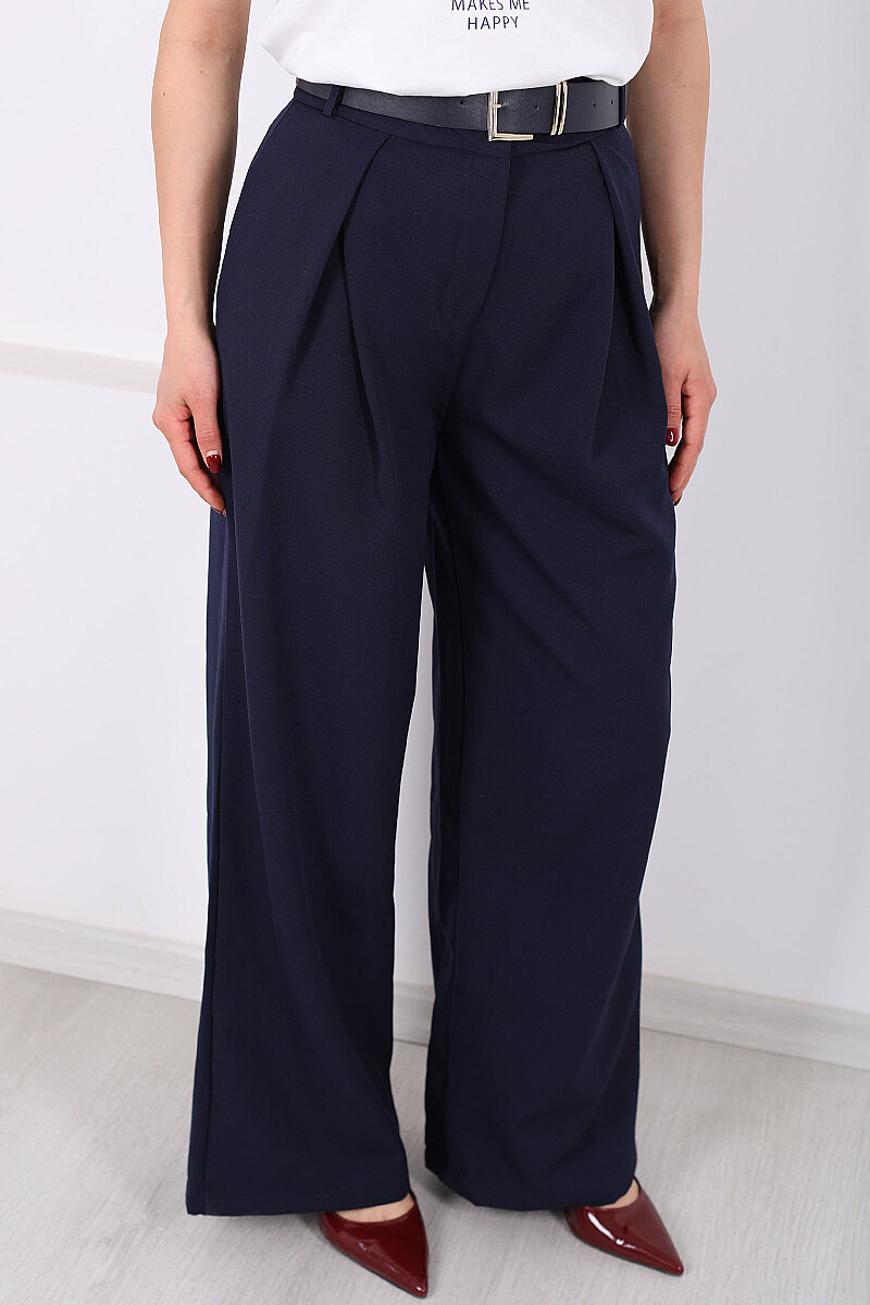 Kemerli Pile Detaylı Lacivert Kadın Geniş Paça Pantolon - 2