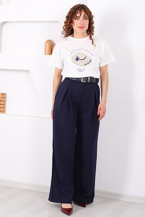 Kemerli Pile Detaylı Lacivert Kadın Geniş Paça Pantolon - 4