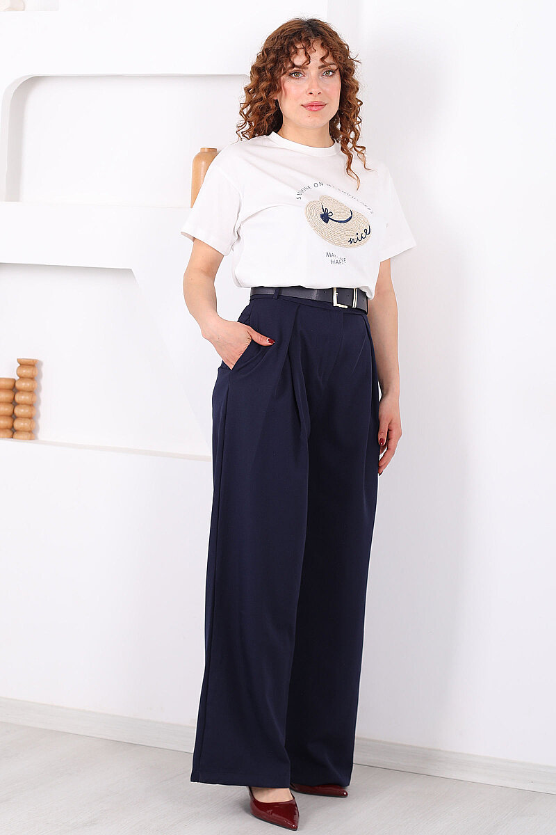 Kemerli Pile Detaylı Lacivert Kadın Geniş Paça Pantolon - 1