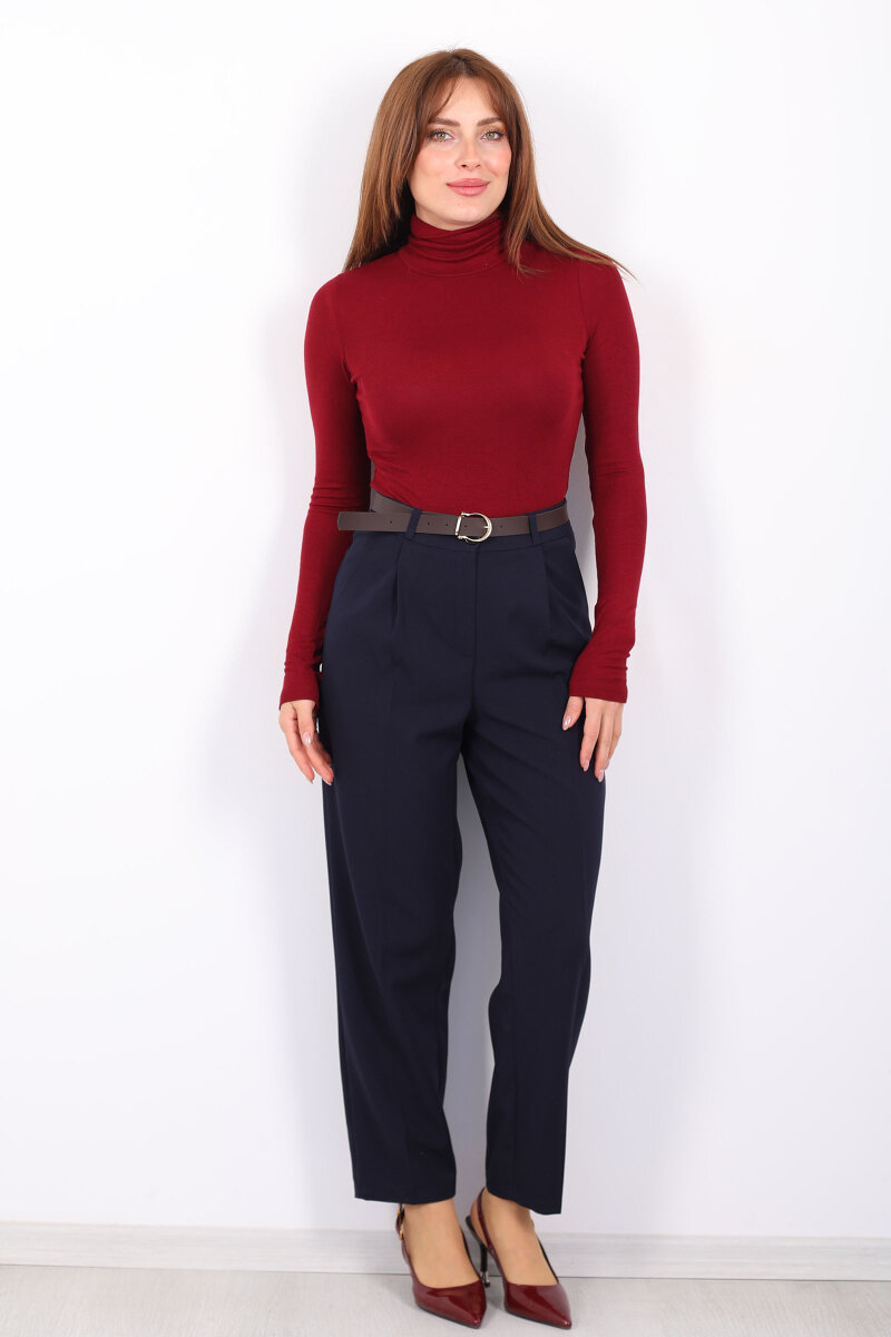 Kemerli Pile Detaylı Lacivert Kadın Havuç Pantolon - 4