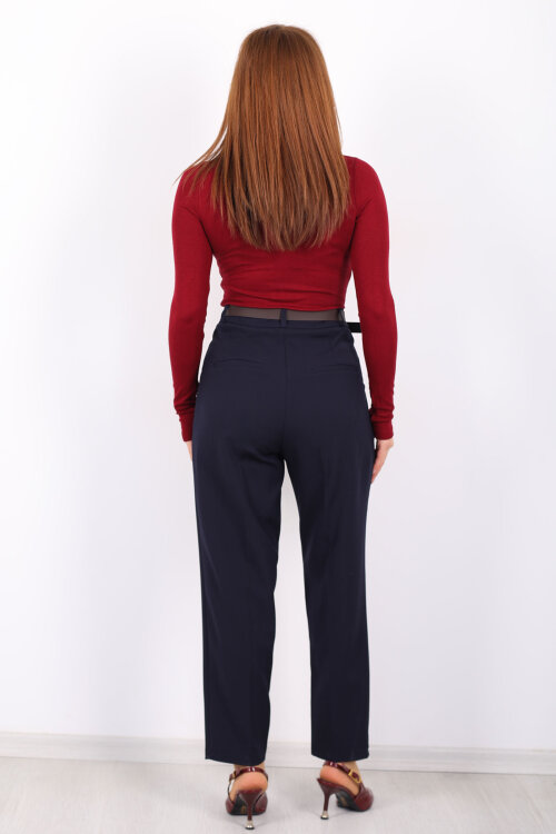 Kemerli Pile Detaylı Lacivert Kadın Havuç Pantolon - 5