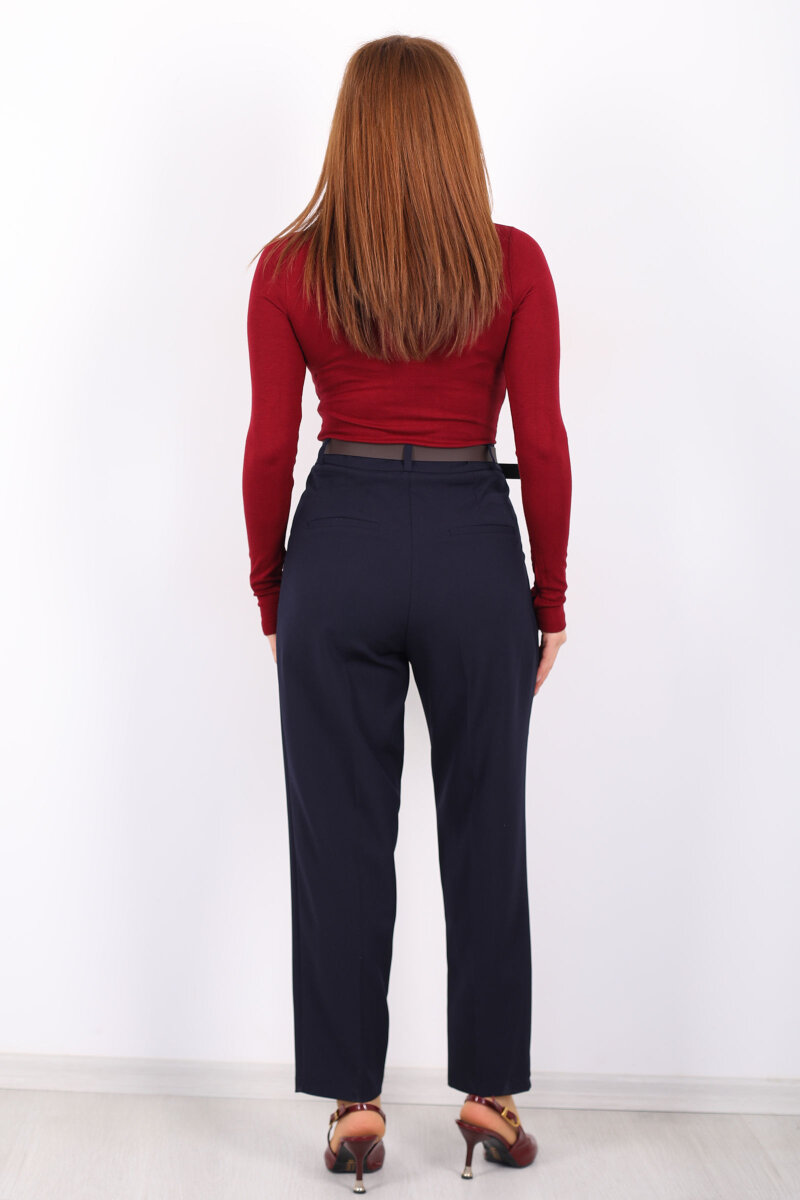 Kemerli Pile Detaylı Lacivert Kadın Havuç Pantolon - 5