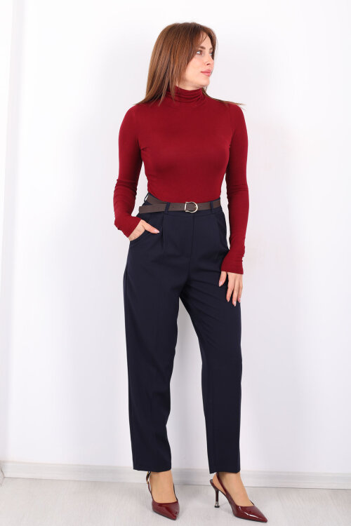 Kemerli Pile Detaylı Lacivert Kadın Havuç Pantolon - 3