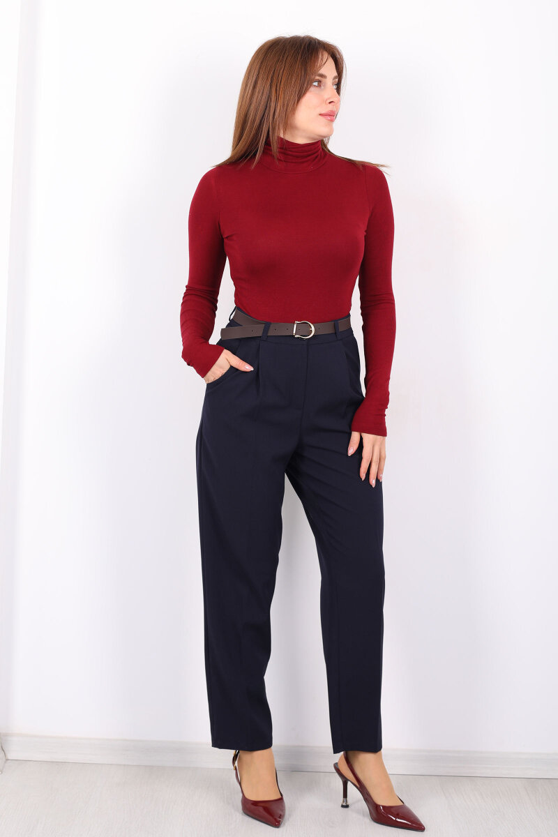 Kemerli Pile Detaylı Lacivert Kadın Havuç Pantolon - 3