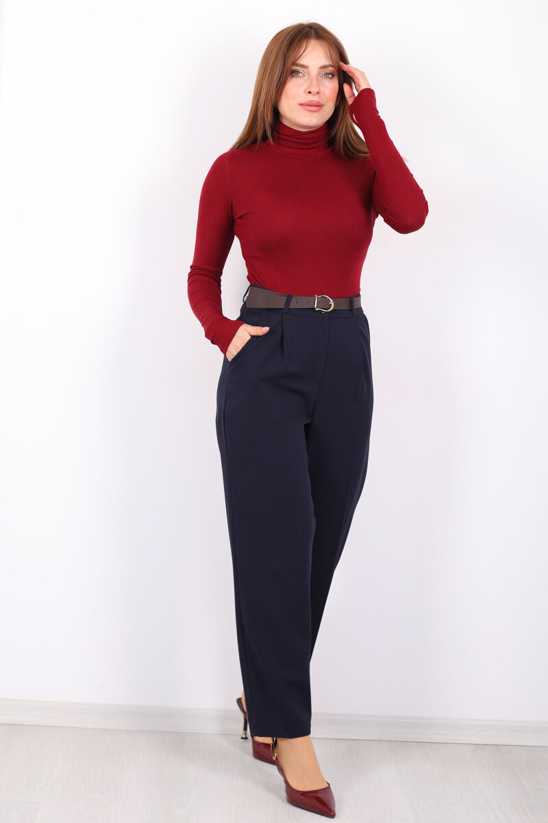 Kemerli Pile Detaylı Lacivert Kadın Havuç Pantolon - 1