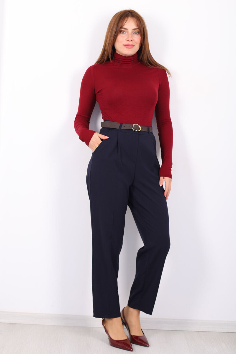 Kemerli Pile Detaylı Lacivert Kadın Havuç Pantolon - 6