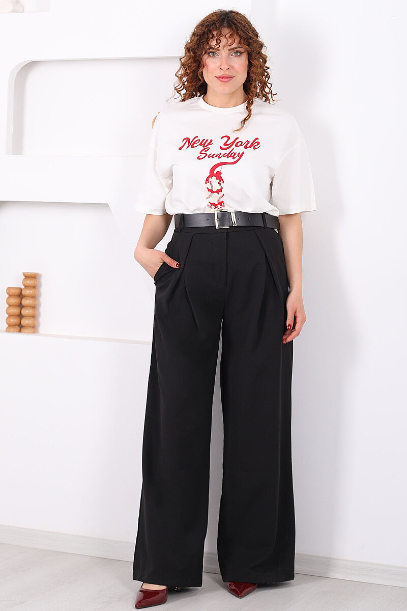 Kemerli Pile Detaylı Siyah Kadın Geniş Paça Pantolon - 3