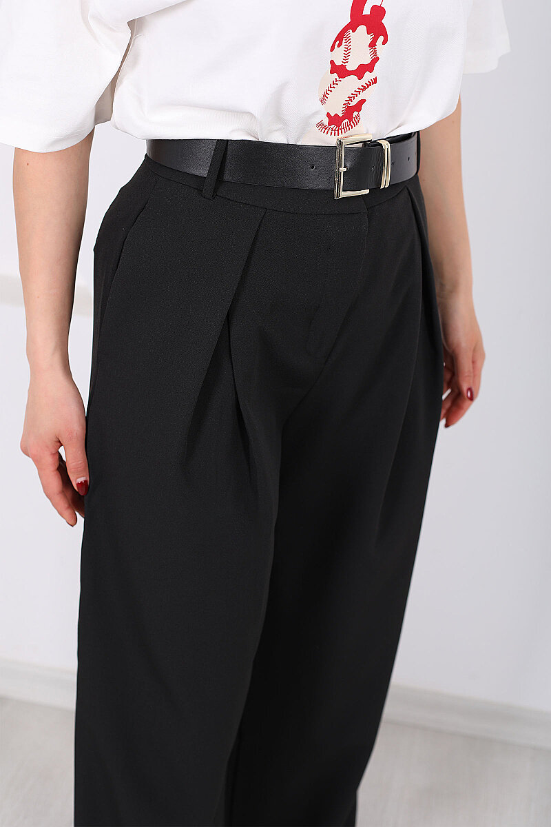 Kemerli Pile Detaylı Siyah Kadın Geniş Paça Pantolon - 2