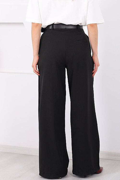 Kemerli Pile Detaylı Siyah Kadın Geniş Paça Pantolon - 5