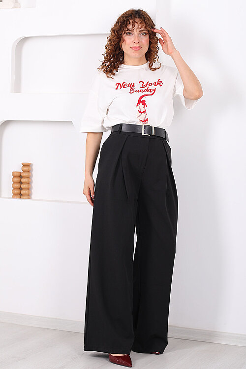 Kemerli Pile Detaylı Siyah Kadın Geniş Paça Pantolon - Berox
