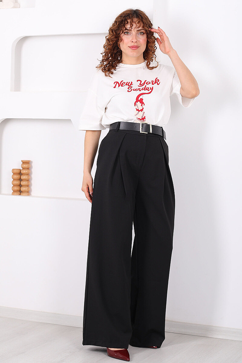 Kemerli Pile Detaylı Siyah Kadın Geniş Paça Pantolon - 1