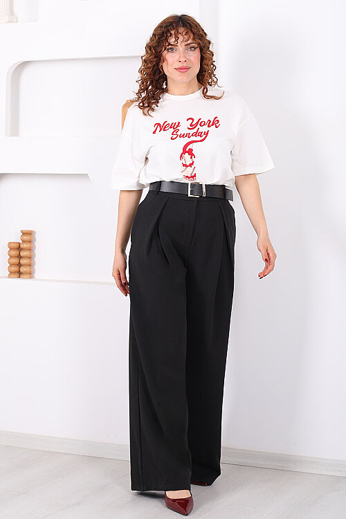 Kemerli Pile Detaylı Siyah Kadın Geniş Paça Pantolon - 4