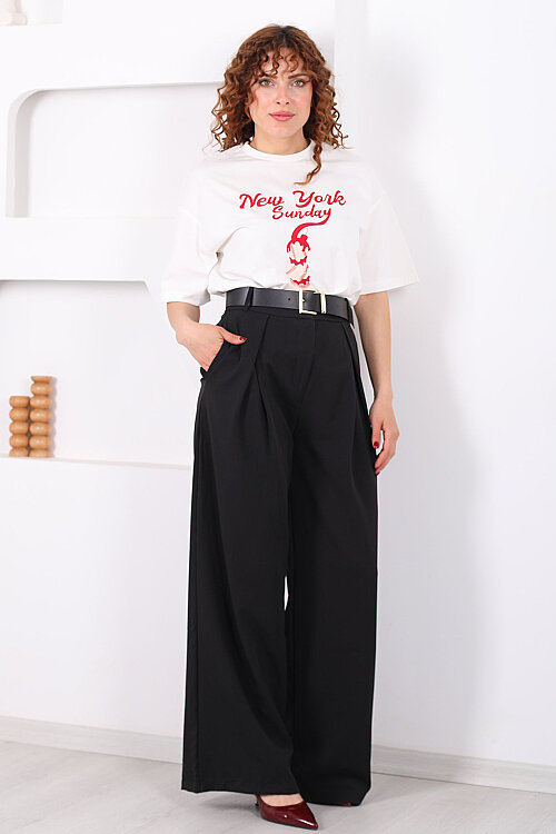 Kemerli Pile Detaylı Siyah Kadın Geniş Paça Pantolon - 6