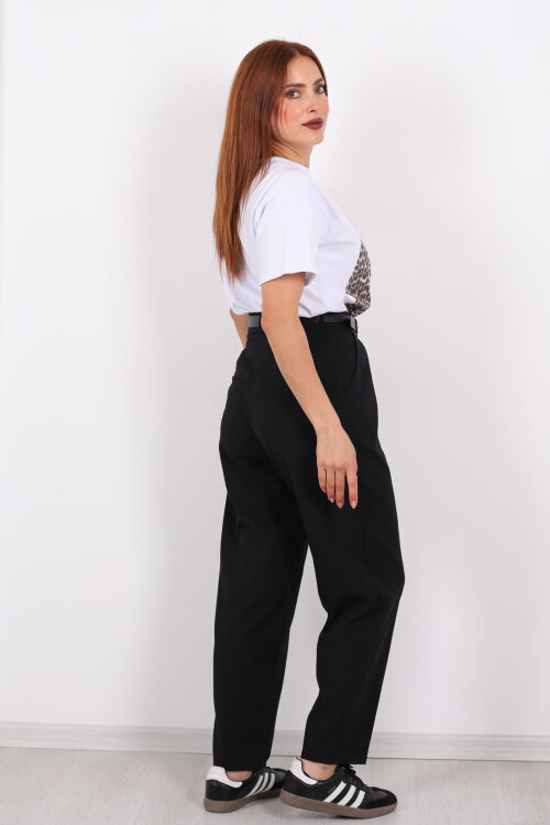 Kemerli Pile Detaylı Siyah Kadın Havuç Pantolon - 5