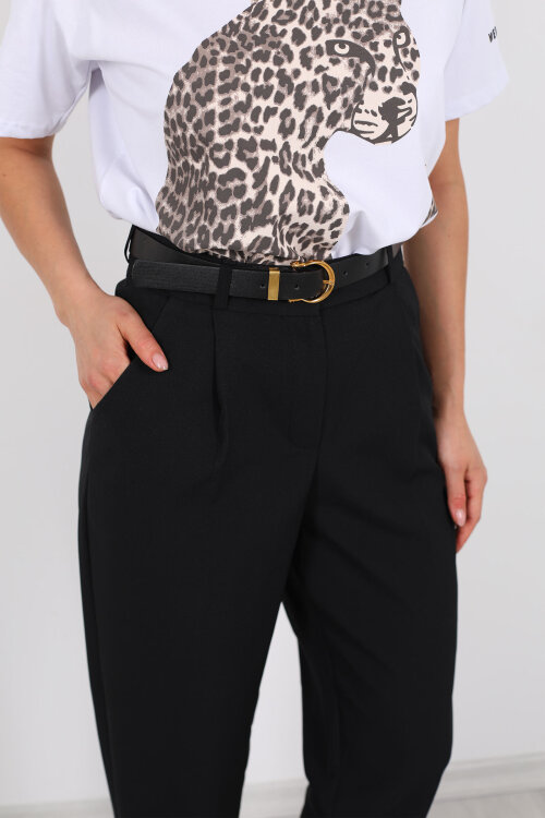 Kemerli Pile Detaylı Siyah Kadın Havuç Pantolon - Berox (1)