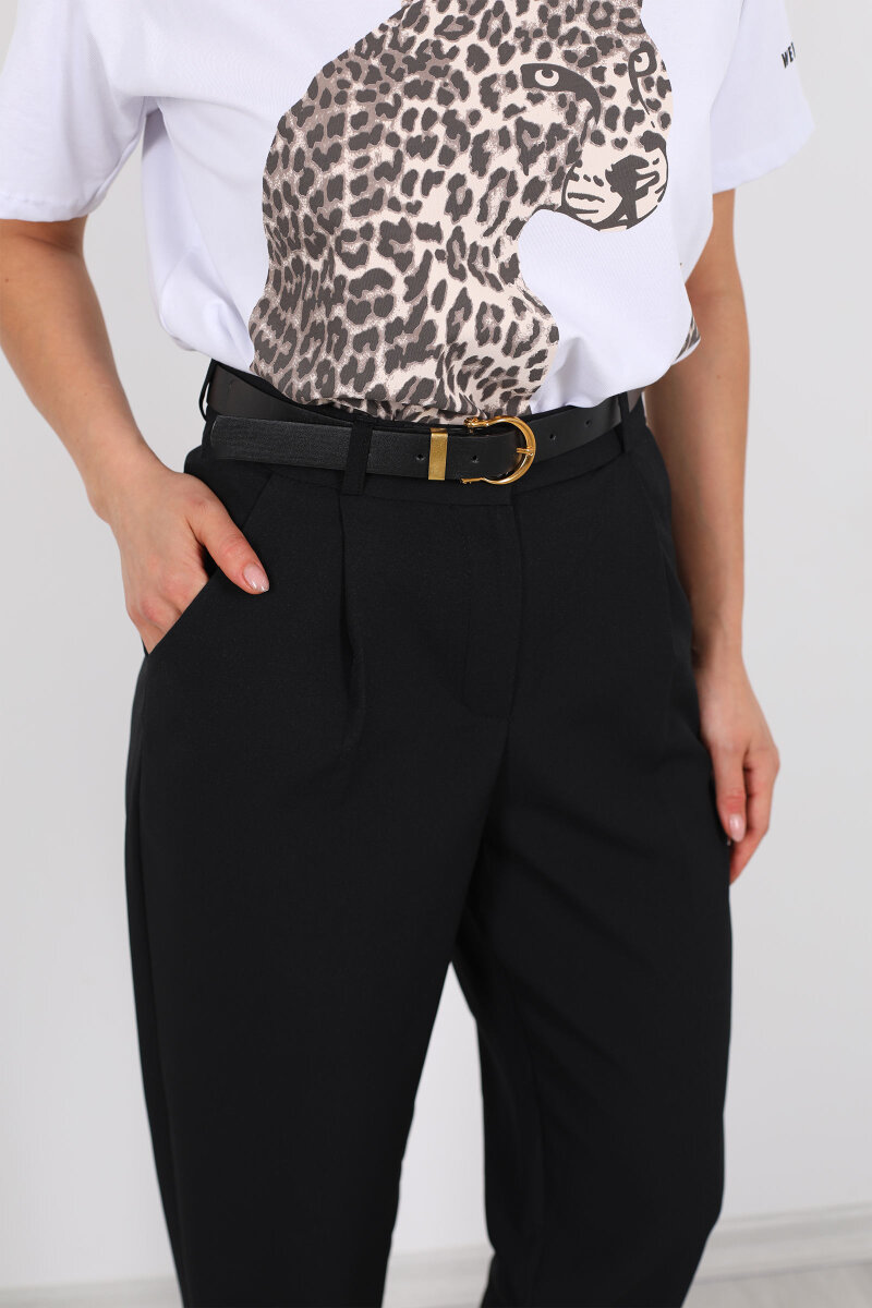 Kemerli Pile Detaylı Siyah Kadın Havuç Pantolon - 2