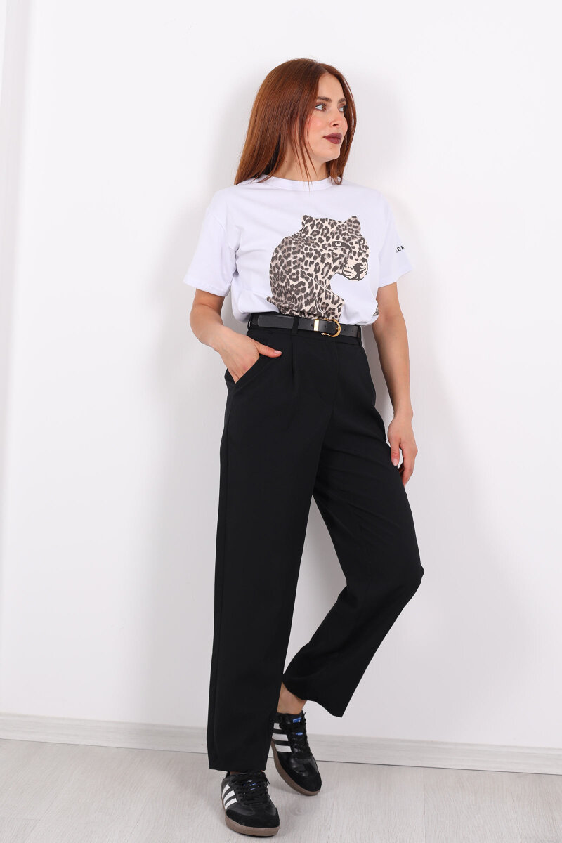 Kemerli Pile Detaylı Siyah Kadın Havuç Pantolon - 6