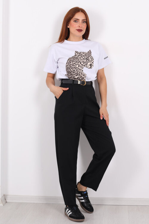 Kemerli Pile Detaylı Siyah Kadın Havuç Pantolon - 4