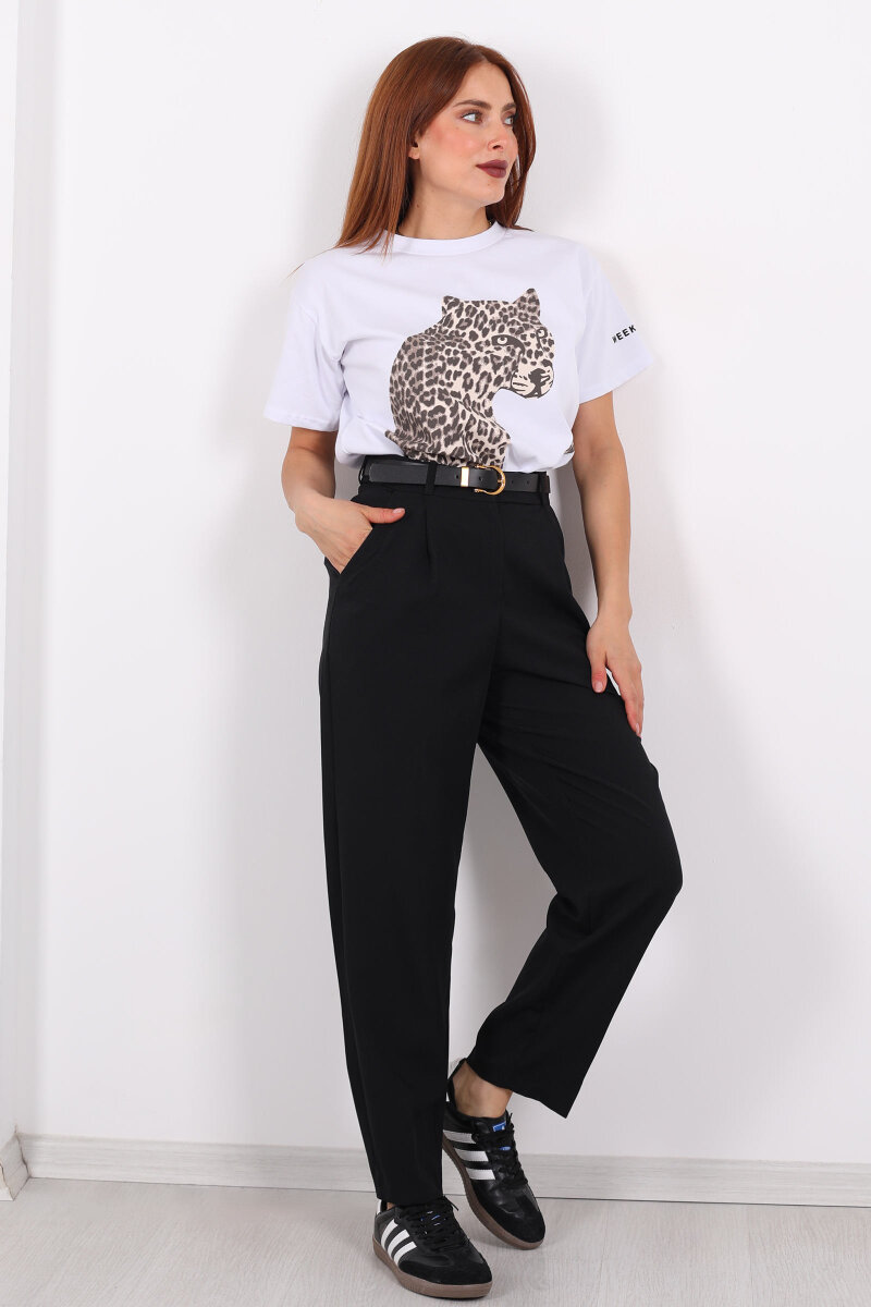 Kemerli Pile Detaylı Siyah Kadın Havuç Pantolon - 1