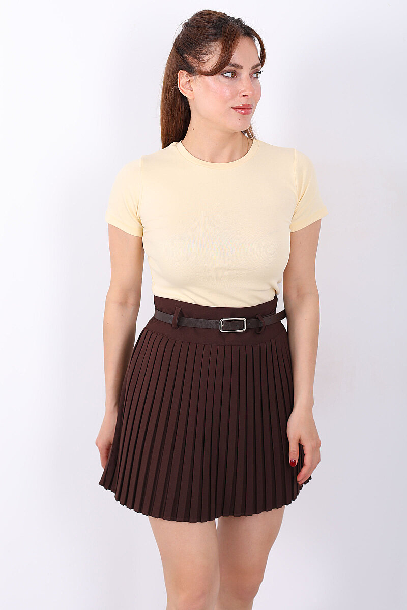 Kemerli Pileli Acı Kahve Kadın Mini Şort Etek - 3