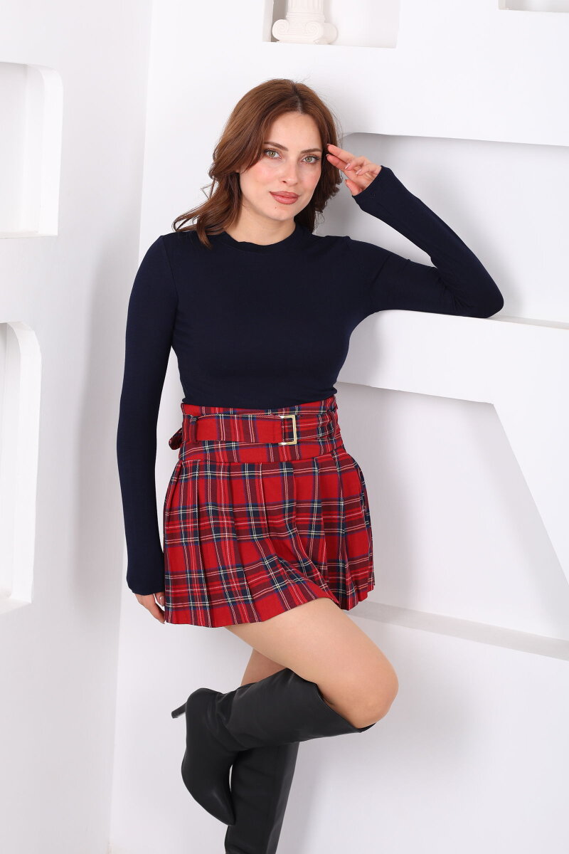 Kemerli Pileli Ekose Desenli Kadın Kırmızı Mini Şort Etek - 6