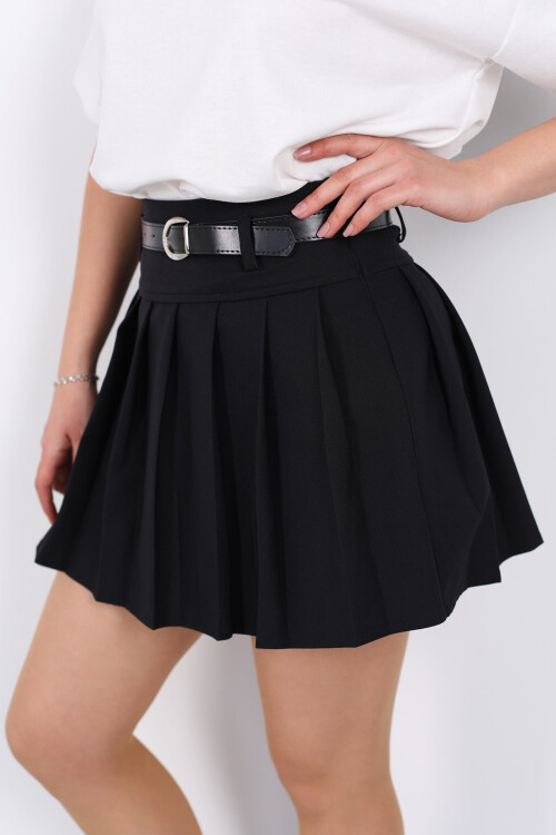 Kemerli Pileli Mini Siyah Kadın Şortlu Etek - 5