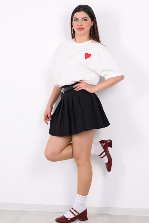 Kemerli Pileli Mini Siyah Kadın Şortlu Etek - Berox