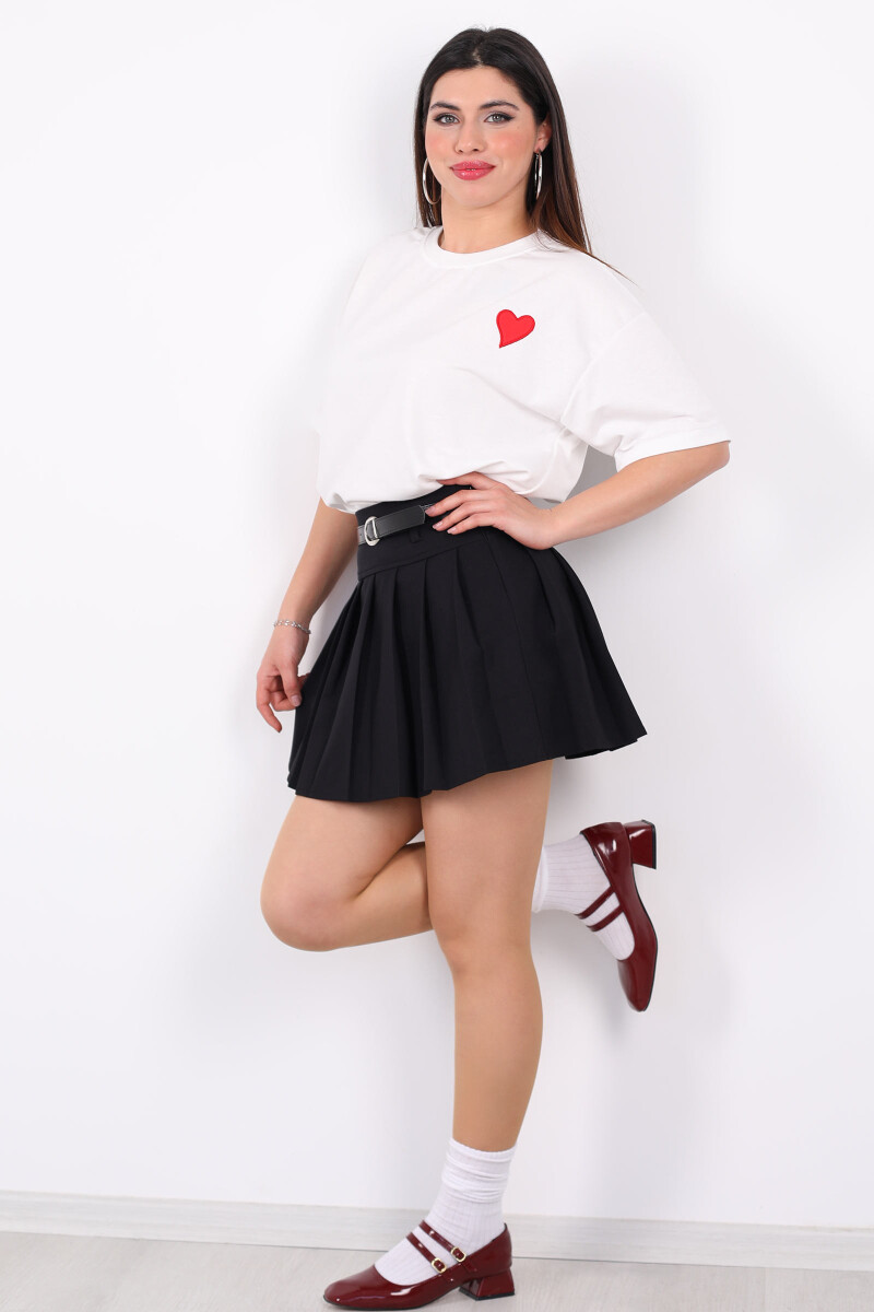 Kemerli Pileli Mini Siyah Kadın Şortlu Etek - 1