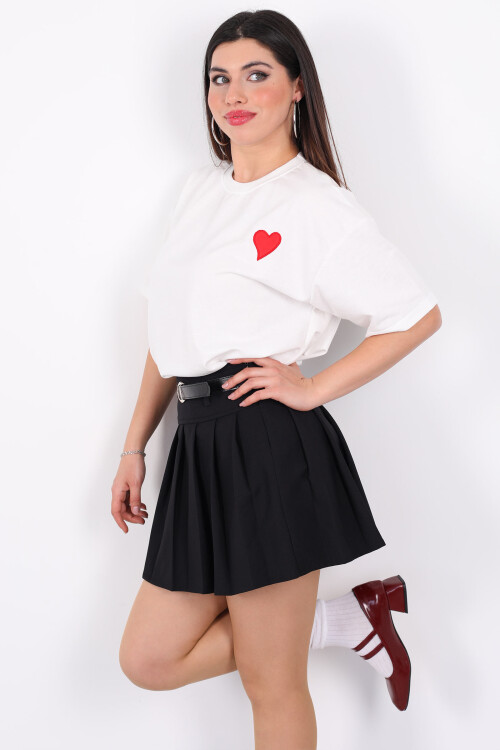 Kemerli Pileli Mini Siyah Kadın Şortlu Etek - 4