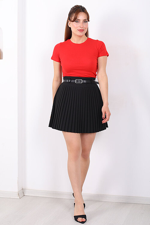 Kemerli Pileli Siyah Kadın Mini Şort Etek - 4