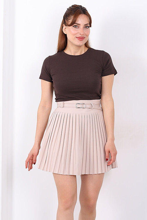 Kemerli Pileli Taş Rengi Kadın Mini Şort Etek - 5