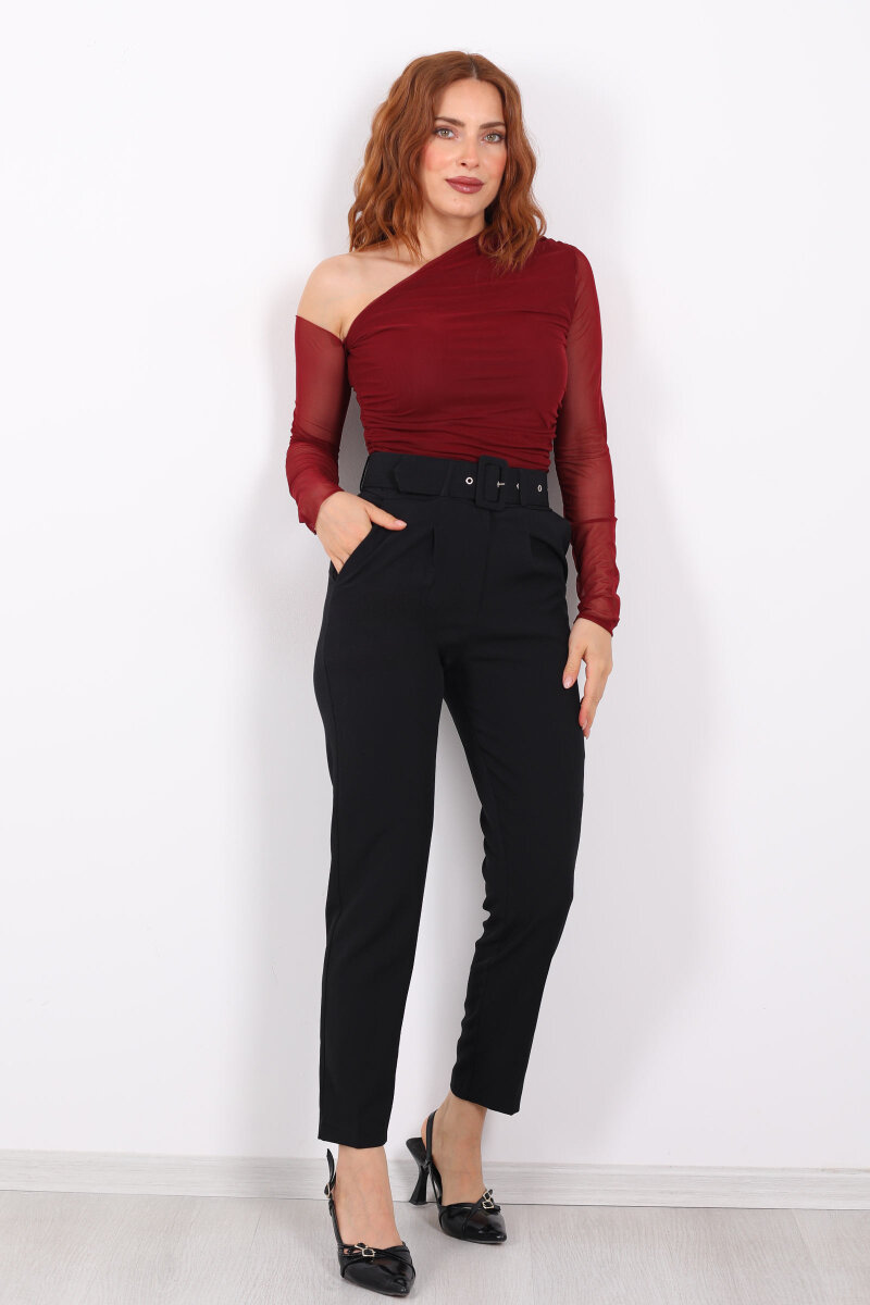 Kemerli Siyah Kadın Kumaş Pantolon - 4