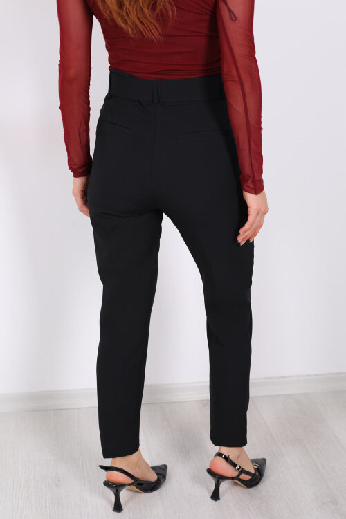 Kemerli Siyah Kadın Kumaş Pantolon - 5