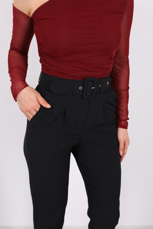 Kemerli Siyah Kadın Kumaş Pantolon - Berox (1)