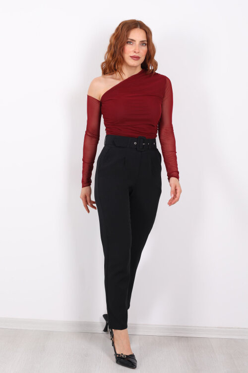 Kemerli Siyah Kadın Kumaş Pantolon - 3